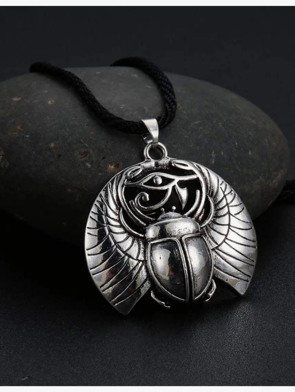 Egyptian Scarab necklace features an intricate winged scarab beetle
